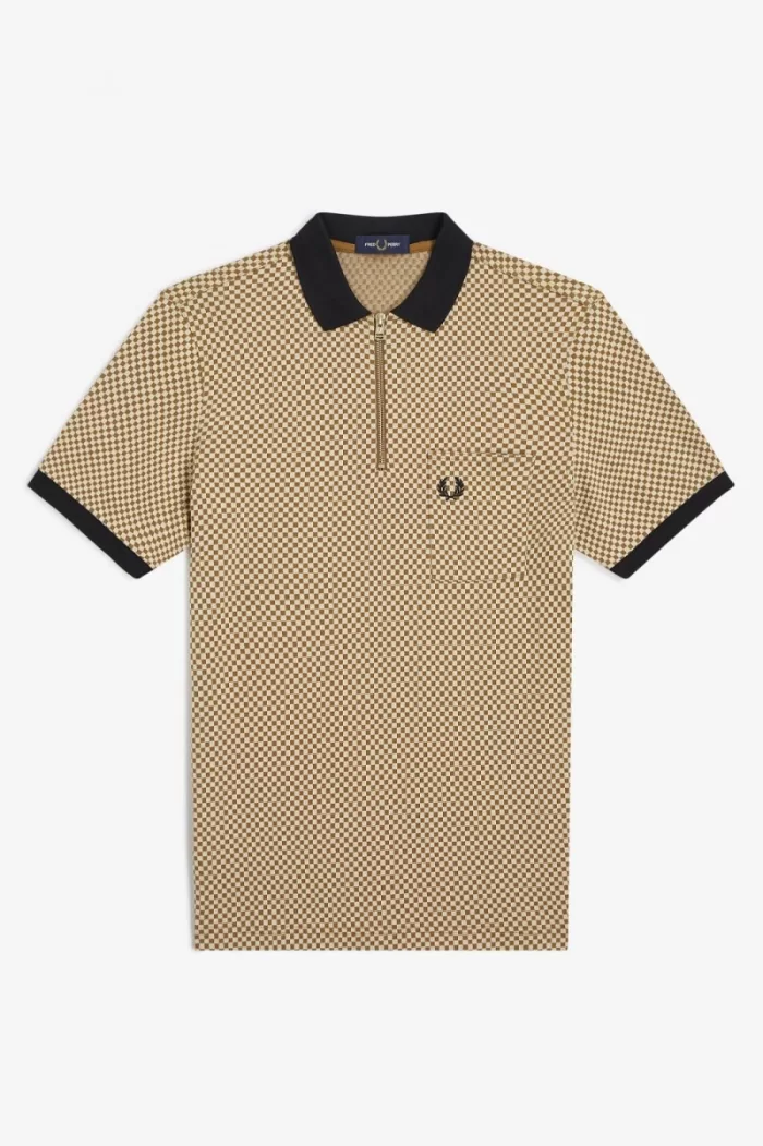 Fred Perry Micro Chequerboard Men’s Polo Shirt Oatmeal Dark Coffee | YWLSX3950