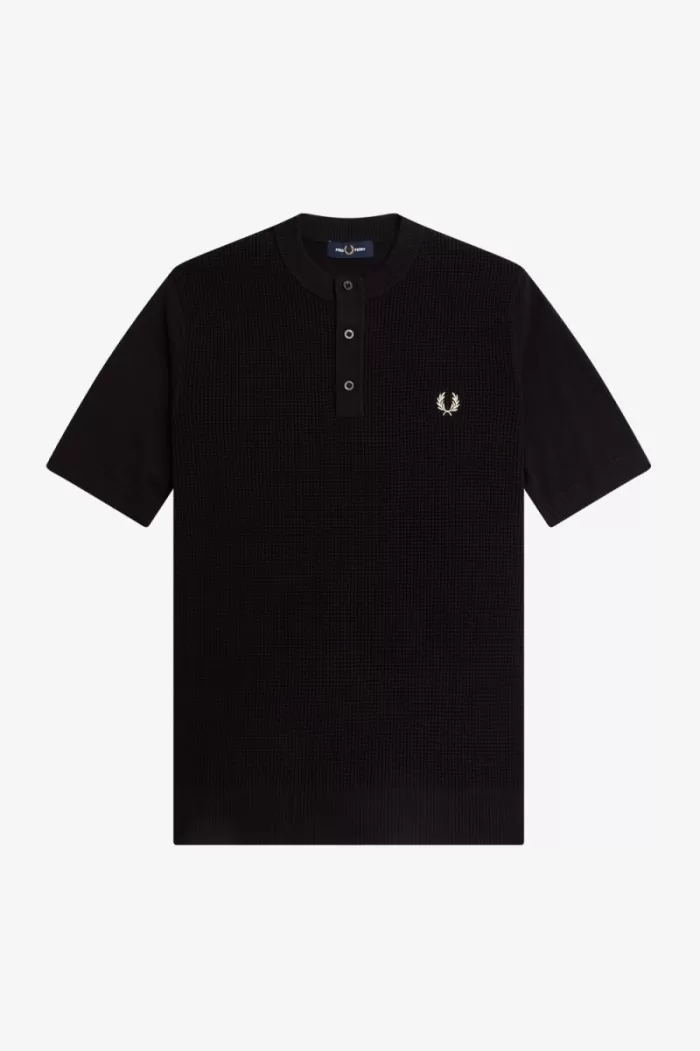 Fred Perry Waffle Stitch Henley Men’s Shirt Black | VCAMJ2359